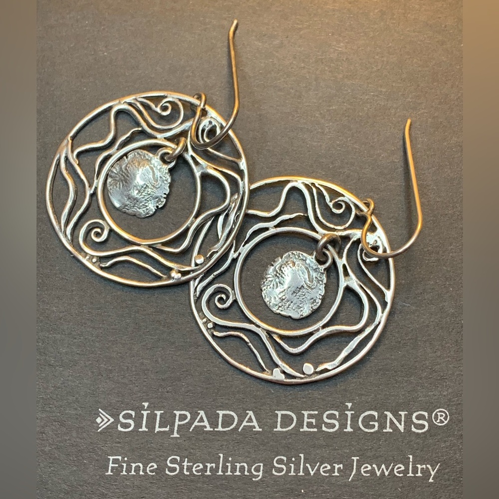 Silpada Sterling RARE HTF Oxidized Swirl Disc Coin French Wire Dangle Earrings